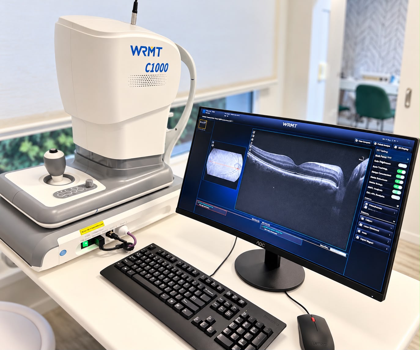 Equipo OCT WRMT C1000 junto al monitor que muestra la imagen de la retina por capas